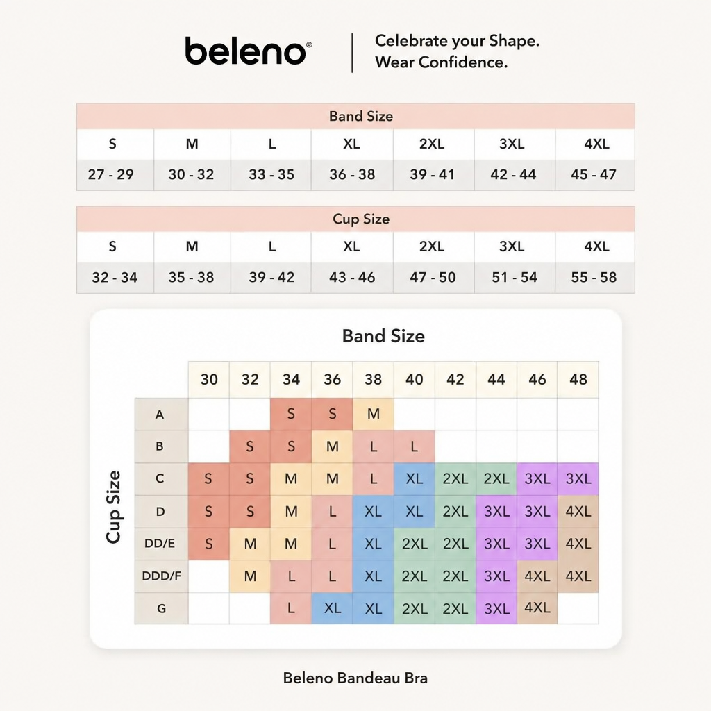 Beleno Bandeau Bra size chart, band and cup sizing S to 4XL