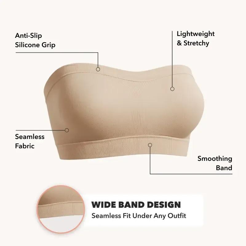 Beleno Bandeau Bra wide band design detail with anti-slip silicone grip
