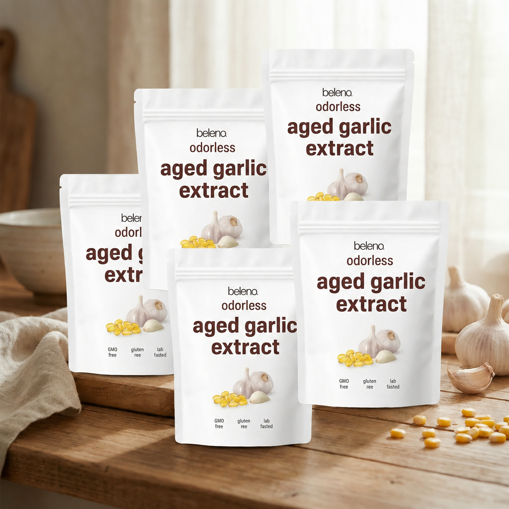 Beleno Aged Odorless Garlic five bags on wood counter