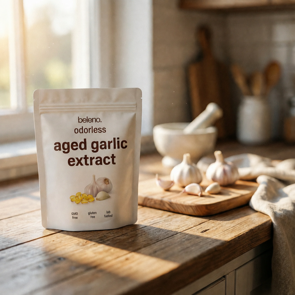 Beleno Aged Odorless Garlic bag on a kitchen counter