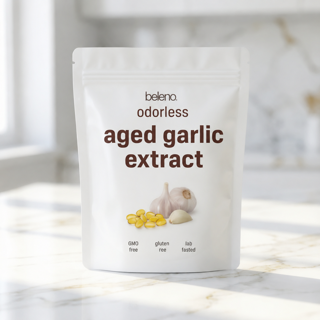 Beleno Aged Odorless Garlic bag on marble counter